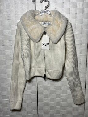 Zara Off-White Ribbed Teddy Sweater Jacket with Faux-Fur Collar Size Large